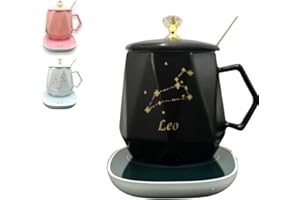 RedRoko Zodiac Sign Star Self Heating Coffee Mug - Astrology Coffee Mugs, Constellation, Astrology Zodiac Signs, Coffee Warmer Mug, Ceramic Coffee Mug with Hot Plate, Spoon & Lid - Leo - Black