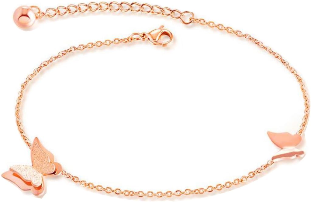 Womens 316L Stainless Steel Rose Gold Butterfly Dainty Thin Chain Anklet,21cm + 5cm