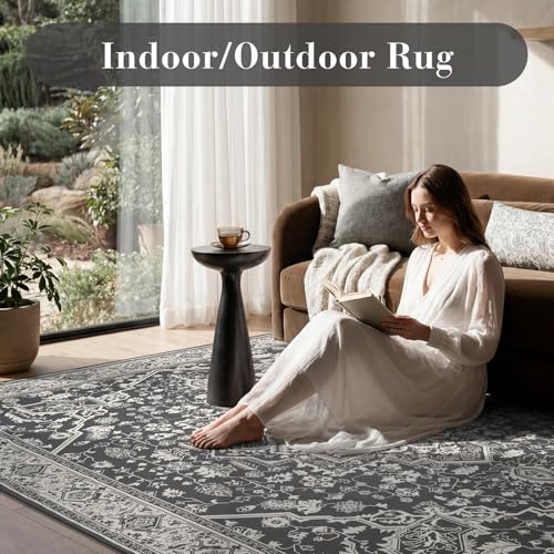 Engiw-Outdoor Rug-Patio Rug 8x10 Textured Weave Machine Washable Quick Dry Outdoor Carpet Braided Vintage Non Slip Indoor Outdoor Rug for Deck Porch Balcony Backyard Blackish Grey