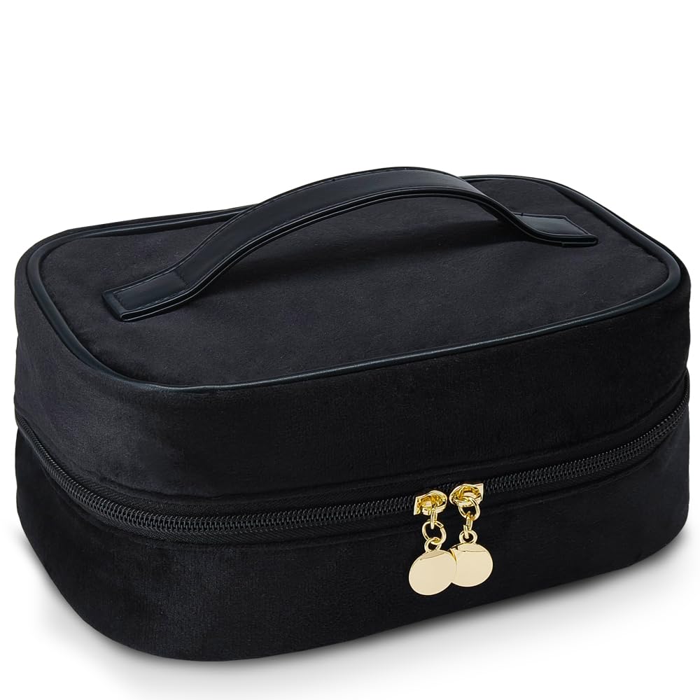 Makeup Bag,SULIHUA Travel Cosmetic Bags,Plush Makeup Brush Bag with Compartments PU Leather Handle Big Storage