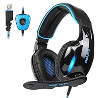 SADES SA902 New Update Gaming Headset 7.1 Channel Virtual USB Surround Stereo Wired PC Gaming Headset Over Ear Gaming Headphones with Mic Revolution Volume Control Noise Canceling LED Light(BlackBlue)