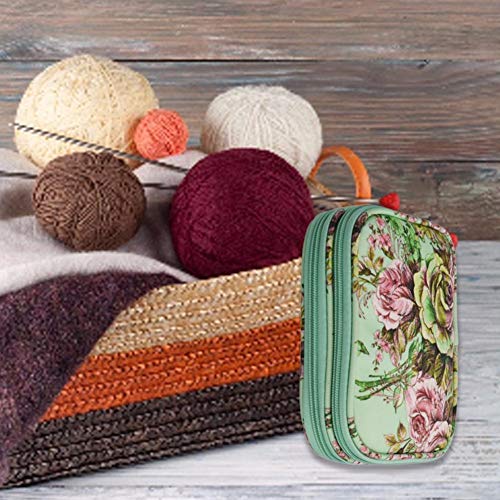 Urnanal Knitting Needle Case, Green Peony Pattern Travel Storage Bag Weaving Tools Organizer for Carrying Knitting Needles Crochet Hooks and Other Accessories