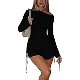 Women Fall Long Flared Sleeve Mini Dress One Off The Shoulder Side Split Drawstring Ruched Club Party Mini Dress