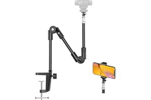 Webcam Stand with Phone Holder, 2 in 1 Adjustable Flexible Gooseneck Camera Mount Desktop Stand with Cell Phone Clamp for Log