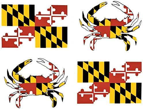 Maryland Flag Crab Sticker 4 MD Vinyl Stickers , 2 Flags (3 x 5) 2 Crabs (5 x 3.75)Auto Truck SUV Water Bottle Window Scrapbooking Decal Scrapbooking