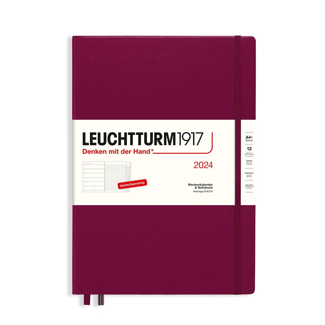 LEUCHTTURM1917 367691 Weekly Calendar & Notebook Master (A4+) 2024, with Extra Book for Addresses and Anniversaries, Port Red, German, 12 Months