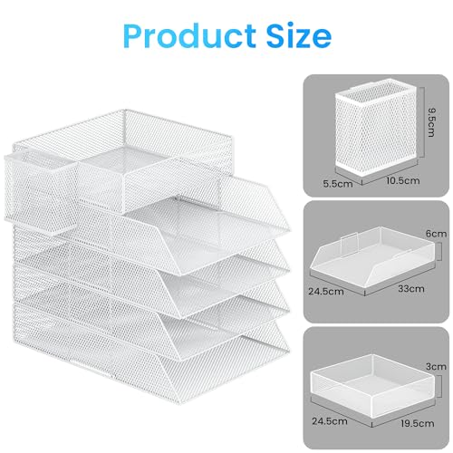 VITVITI 5 Tier Stackable Tray for Office, Desk Paper Organizer, File Trays, Office Desk Accessories with Pen Holder - White