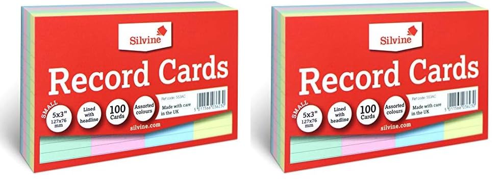 Silvine 5x3 Multi-Coloured Record Cards - Lined with Headline, 100 Cards per Pack. Ref 553AC (127 x 76mm) (Pack of 2)