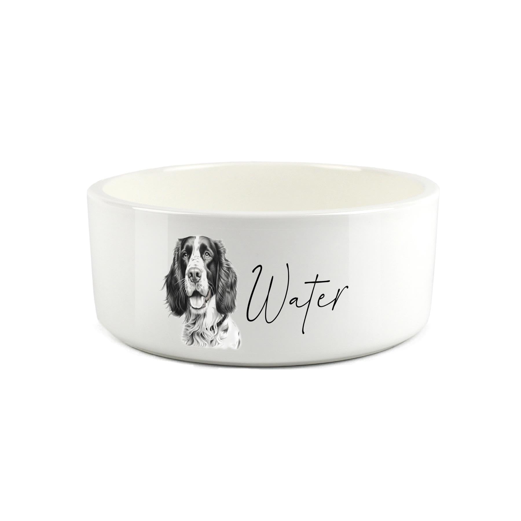 Springer Spaniel Pet Bowl - Black & White Portrait Large Ceramic Water Bowl - White Water Dish For Dogs