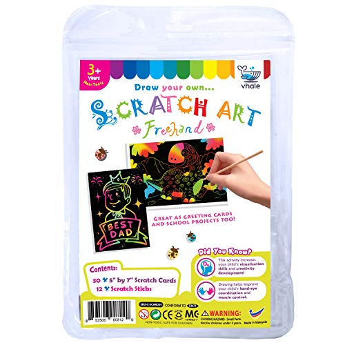 VHALE 30 Sheets Scratch Art Rainbow Paper Scratchboard with Wooden Stylus, Classroom Arts and Crafts, Creative Drawings, Doodling, Writing, Great Travel Toys and Party Favors for Kids