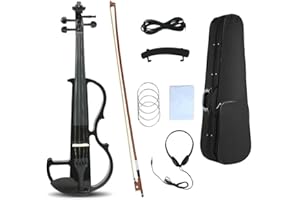 WUQIMUSC Electric violin 4/4 full size Silent Electric Violin Solid Wood body Ebony Fittings with case,bow, headphone,cable,strings for Students, Beginners and Adults (Black)
