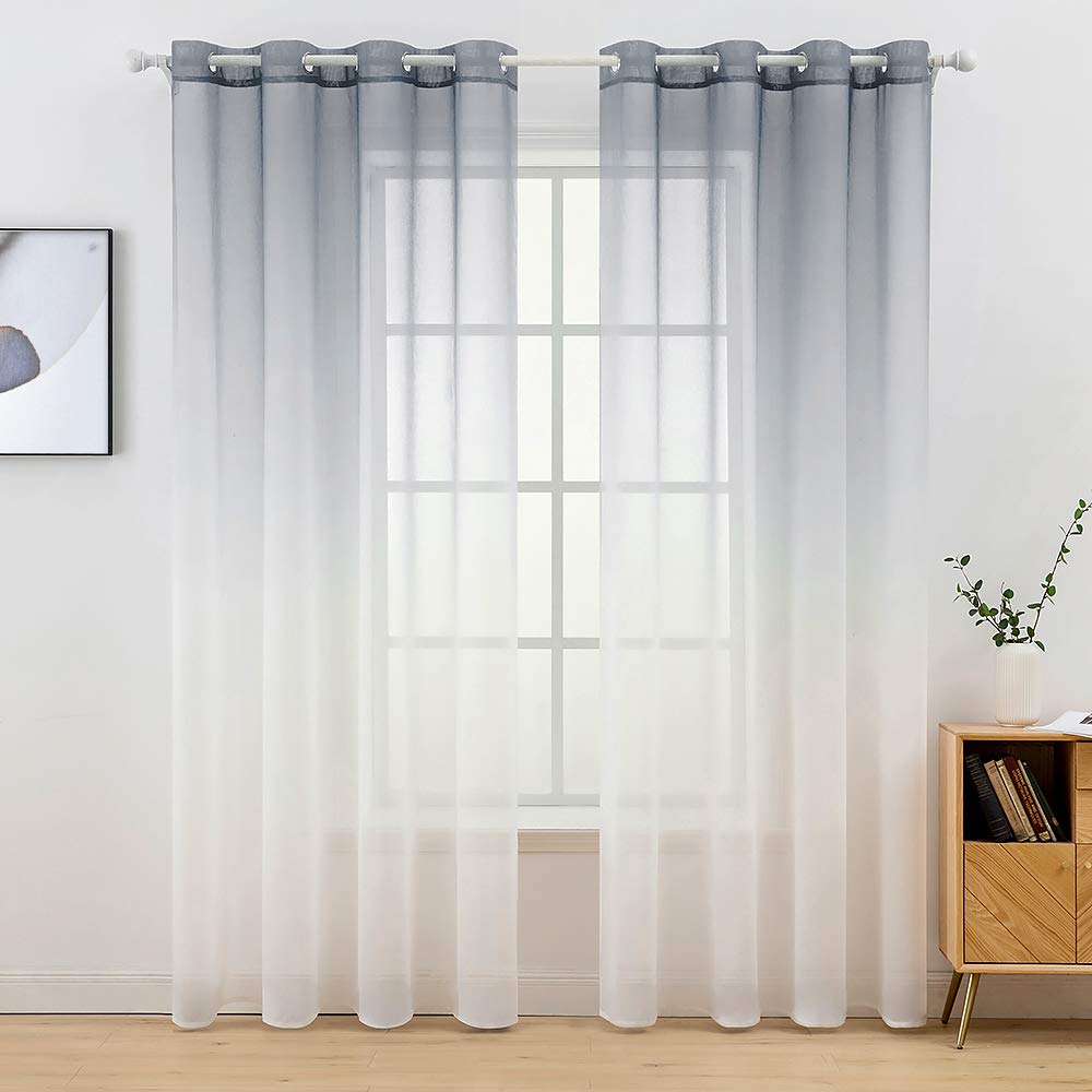 MIULEE 2 Panels Sheer Voile Curtains Color Gradient Gradually Changed Decorative Ring Top Eyelet Window Elegance for Bedroom Livingroom Nursery Room 140 x 260 Cm 55" W x 102" L Grey