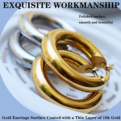 18k Gold Hoop Earrings, 2 Pairs Classic Shiny Polished Round Hoop Earrings for Women Girls Dainty Minimalist Open Hoop Earrings Wide Chunky Stainless Steel Earrings Jewelry Gift (Φ 0.98“)