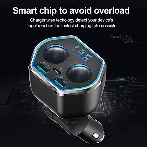 Car Charger,80W Dual USB Car Charger Adapter,A Type C Port and Two Cigarette Lighter Splitter Adapter Sockets with Switchs for GPS, Dashcam, SatNav, iPhone, IPad, Android Etc