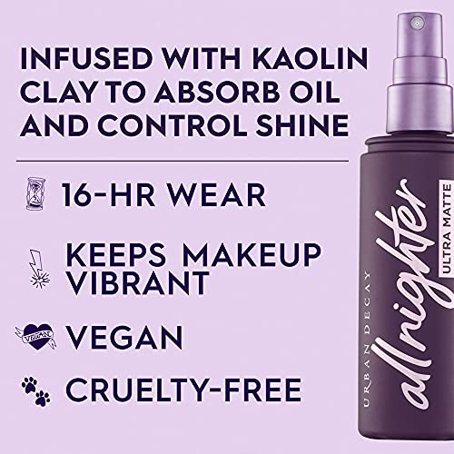 urban decay all nighter ultra matte setting spray - spray de acabado de maquillaje - dura hasta 16 horas - niebla que controla el aceite y el brillo - ideal para pieles grasas - 4.0 fl oz