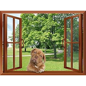 A Dog Lying on The Windowsill Outside an Open Window | Removable Wall Sticker/Wall Mural - 24"x32"