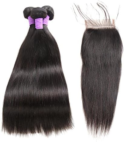 Soraka Hair 8A Brazilian Straight Hair 3 Bundles With A Free Part Lace Closure 100% Unprocessed Virgin Best Remy Human Hair Front Closure Top Extensions Bundles Natural Color