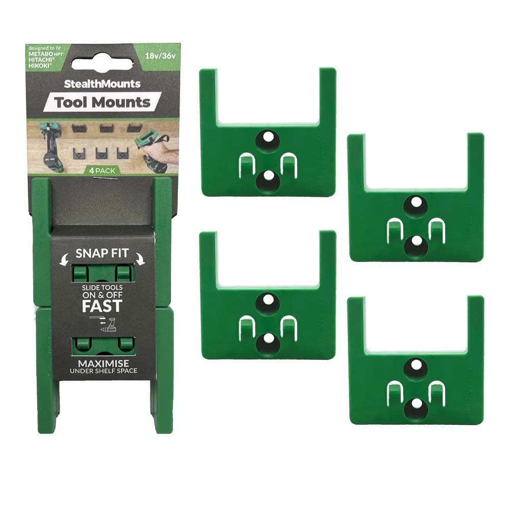 StealthMounts Tool Mounts for Hikoki/Metabo HPT/Hitachi 18v | Cordless Tool Holders for Hikoki/Metabo HPT/Hitachi 18v Power Tools | 4 Pack | Green Tool Organisers for Hikoki/Metabo HPT/Hitachi 18v