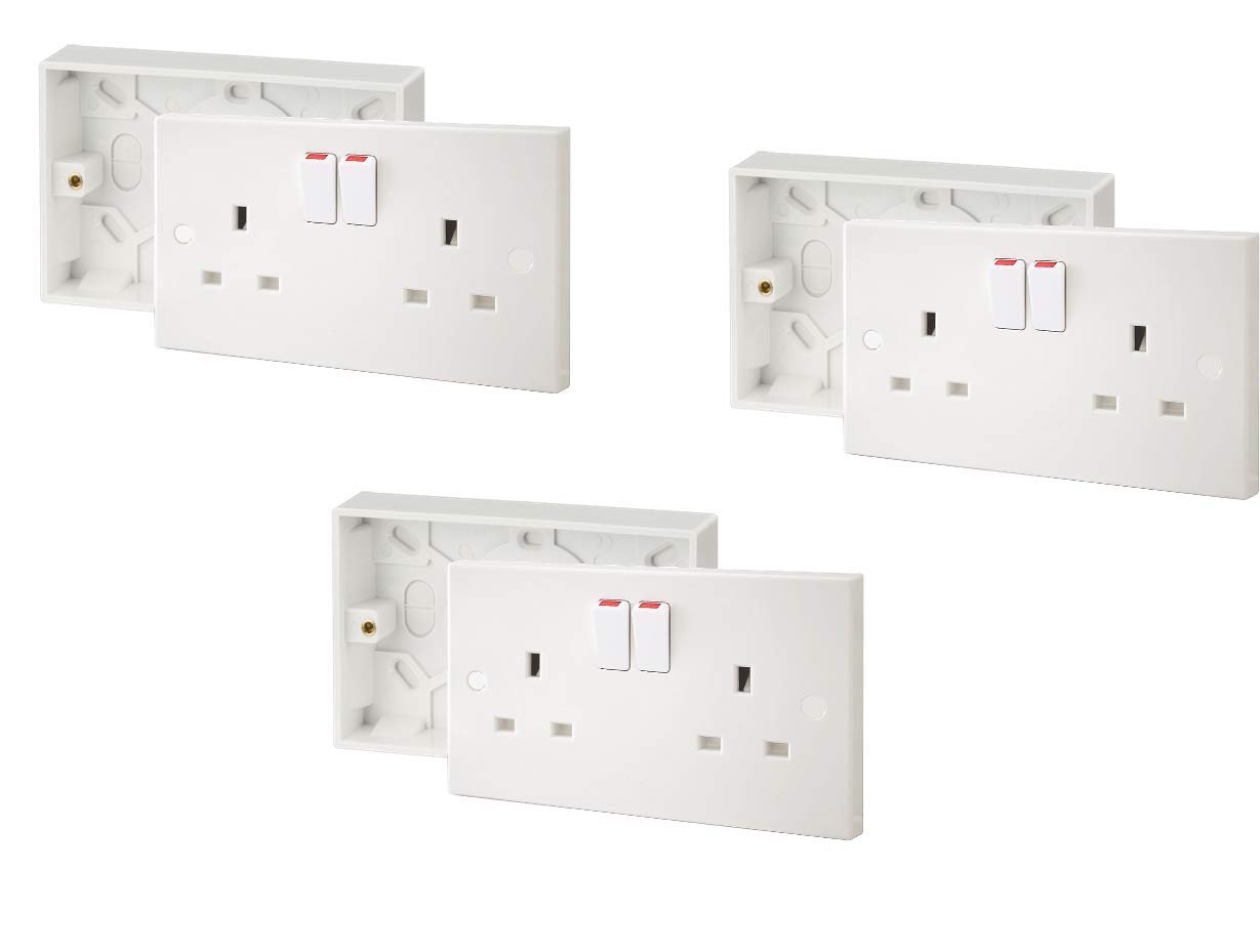 SHP Electrical® 13A Double White Switched Socket & Premium Double Surface Mount 25mm Pattress Box 2 Gang Set Electrical Outlets - Screw Caps Included
