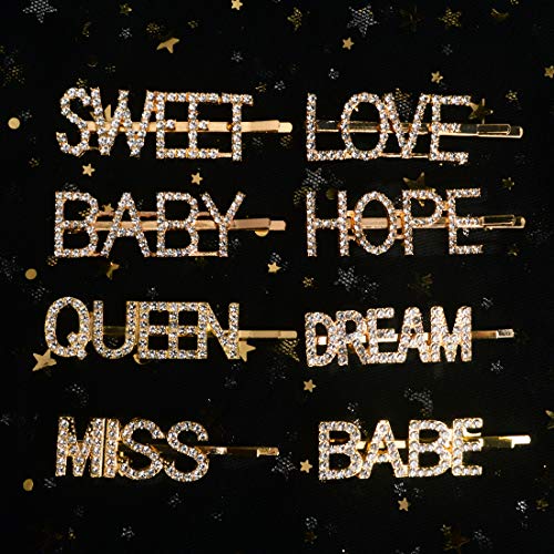 8 PCS Gold Word Letter Hair Clip Hair Pins Sparkling Bling Crystal Rhinestones Barrettes Metal Alligator Bobby Hairpins Handmade Hair Jewelry