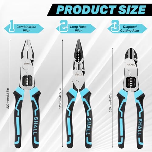 SHALL de 3 piezas Juego de alicates de alta palanca ，alicates de punta fina de 8", alicates de corte diagonal de 8" y alicates para electricistas de 8". Incluye funciones de pelacables y crimpadora.