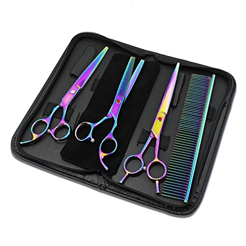 WINGONEER Pets Grooming Scissors Professional Dog Hair Cutting Scissors 7 inch Colorful 4 Piece with a Protection Case