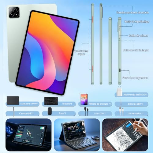 Tablet Xixaomiro S11 10.1" Android 15, 20GB + 256GB, acompanha película, caneta, mouse e teclado. Tela 1920x1200, Wi-Fi, câmera 13MP + 5MP, bateria 8000mAh – Verde