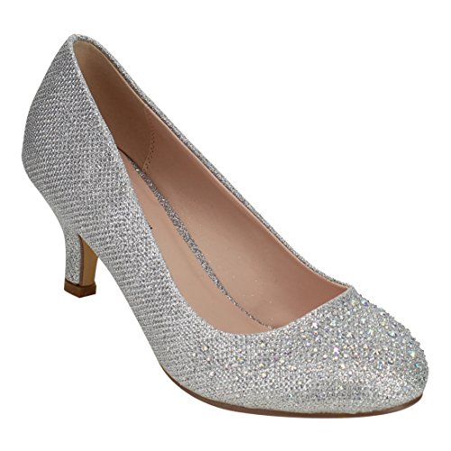 Bonnibel Wonda-1 Womens Round Toe Low Heel Glitter Slip On Dress Pumps,Silver,7.5