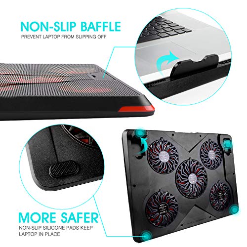 HIRALIY 5 Fans Laptop Cooling Pad 12"-17" Cooler Pad Chill Mat with LED Light Dual USB 2.0 Ports Adjustable Mount Stand (Black+Red) - Thumbnail 2