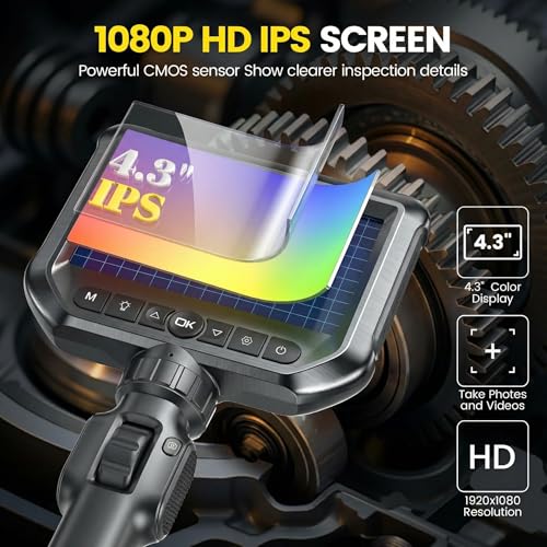 Endoscope Camera with Light, Two-Way 360° Borescope Inspection with 4.3" IPS Screen, IP67 Waterproof with LEDs & 8.5mm Semi-Rigid Snake Camera for Automotive Pipe Tools（منظار فحص داخلي） (2M Cord)