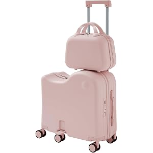 TABU Ride On Luggage Set with Bag, Carry On Suitcase for Kids, Pink | Hardshell, Hidden Cup Holder, Foldable Pedal, Type-C &