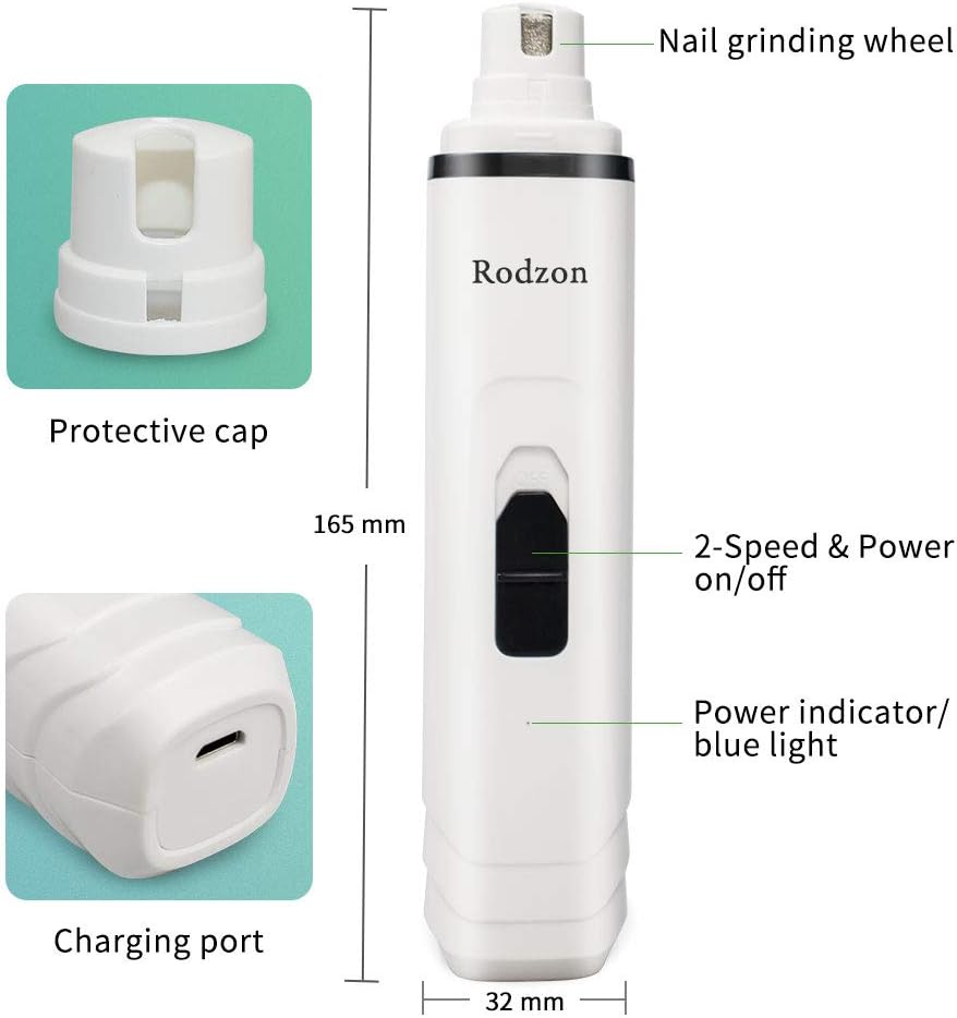 Rodzon Dog Nail Grinder, Professional 2-Speed Electric Rechargeable Pet Nail Trimmer 3 Ports Quiet Painless Paws Grooming Smoothing for Small Medium Large Dogs & Cats & Pets