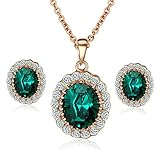 Yoursfs Jewelry Sets,18K Rose Gold Plated Fashion Jewelry,Vintage Green Oval Crystal Studs & Pendant Set,Beautiful Wedding CZ Necklace & Earrings Set for Women