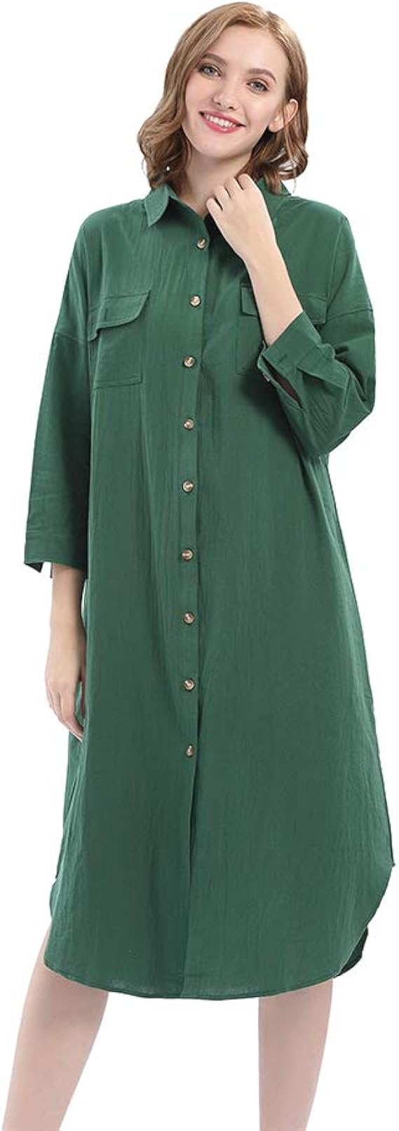 Amazon Buykud シャツワンピース レディース ロング丈 体型カバー 大きいサイズ ゆったり 無地 ブラウス ガウンシャツ 羽織り 韓国ファション おしゃれ 大人 きれいめ 長袖 秋冬 ダークグリーン M ワンピース チュニック 通販
