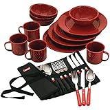 Coleman 24-Piece Enamel Dinnerware Set, Red