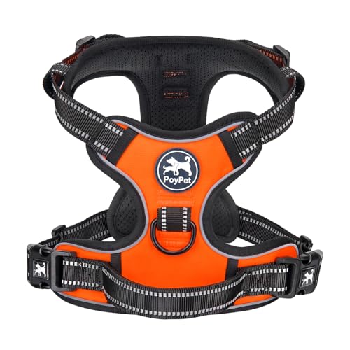 PoyPet No Pull Dog Harness, Reflective Vest Harness with 2 Leash Attachments and Easy Control Handle for Small Medium Large Dog(Orange,M)