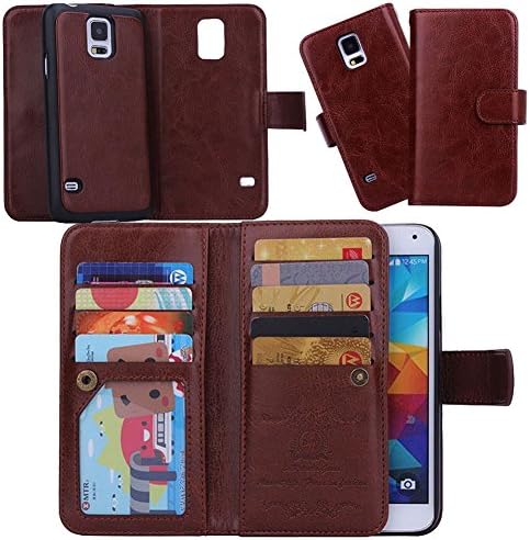 Eloiro Samsung Galaxy S5 Wallet Case, Multiple Credit Card Holder Slots Purse Case Magnet Detachable Back Cover Protective Slim Folio Flip Holster Carrying Case [Wrist Strap] for Galaxy S5 (Brown)