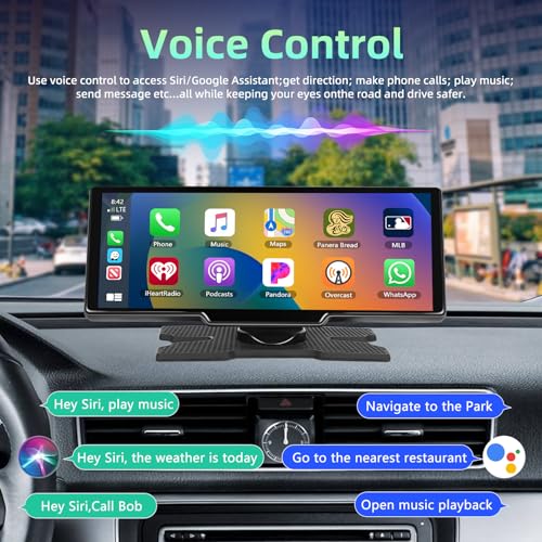 Écran Portable sans Fil 10.26" CarPlay Voiture avec 2,5K Dashcam & 1080P Caméra de Recul, Ecran Carplay MirrorLink, Navigation GPS, Siri G00gle Assistant Vocal, Bluetooth, FM, Aux, 64G TF Carte