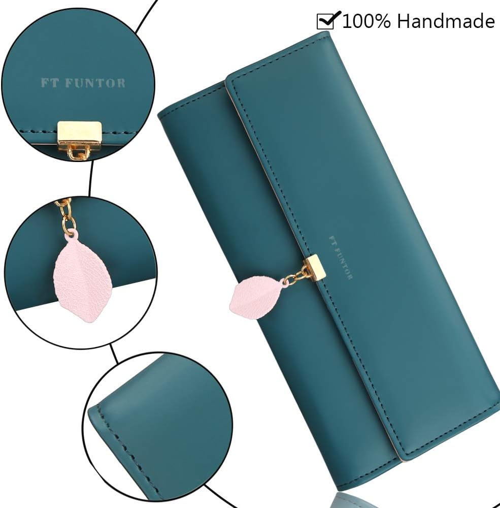 FT FUNTOR PU Leather Wallet for Women RFID Blocking Ladies Leaf Pendant Coin Zipper Long Purse with Multiple Card Slots and Card Holders Phone Pocket(L-Teal Blue) - Image 5
