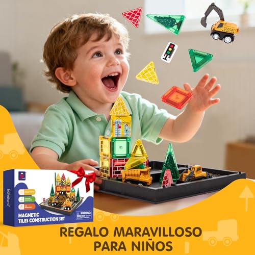 hahaland Construcciones Magnéticos de Viaje para Niños, 42 Piezas Bloques Magneticos Construccion Niños con Caja Portátil, Carreteras y Vehículos, Juego Montessori STEM para Niños 3 4 5 6 Años