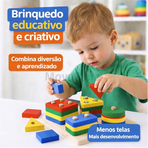 Brinquedo Educativo Montessori de Madeira Pedagógico Sensorial Formas Geométricas Didáticas Multicoloridas Encaixe Infantil e Cores Empilháveis