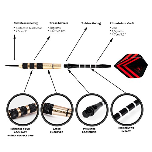 Whimlets Professional Darts Set-6 Steel Tip Darts with Black Aluminium Shafts and 9 Standard Flights+Dart Sharpener+Free eBook+Premium Case, 20 Grams Brass Darts-Perfect for All Levels