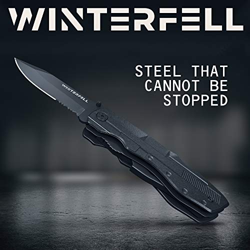 Multitool Knife by Winterfell - Multipurpose Folding Pocket Knife Kit - Durable Stainless Steel - Includes 9-in-1 Bit Set, Pouch, Bottle Opener, Plier, Saw Blade - Outdoor Survival Multi Tool (Black)
