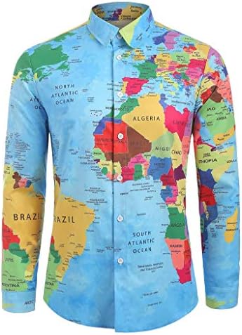 YKARITIANNA Mens Brief World Map 3D Print Long Sleeve Turn-Down Collar T-Shirt Top Blouse