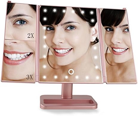 Lighted Makeup Mirror, INLINS Tri-fold Vanity Mirror with 24 LED Lights, Touch Screen and 3X/2X/1X Magnification Mirror, 2 Power Supply Modes Cosmetic Mirror, Magnifying Travel Mirror (Rose Gold)