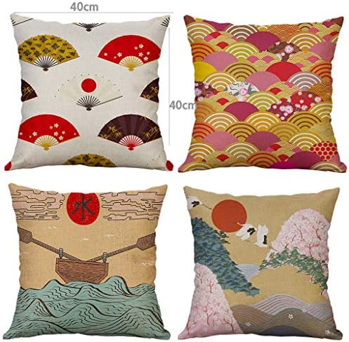 Onegirl Retro Japanese Style Ink Watermark Printed Decorative Linen Throw Pillow Covers 4 Piece Set Couch Pillow Cases Square Pillowcase Home Decor Cushion Cover