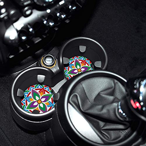 Absorbent Stone Car Coasters for Drinks, Beautiful Mandala Style Absorb Condensation for protect the Car cup holder and keep your car clean,Small 2.6" Diameter,Set of 2