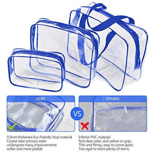 3Pcs Clear PVC Travel Toiletry Bag Set, Zipper Cosmetic Make Up Case, Waterproof Diaper Bag for Baby Extra Wet and Dry Cloth, Transparent Pouch, Craft Supplies, Beach Pool Bag Packing Organizer Blue