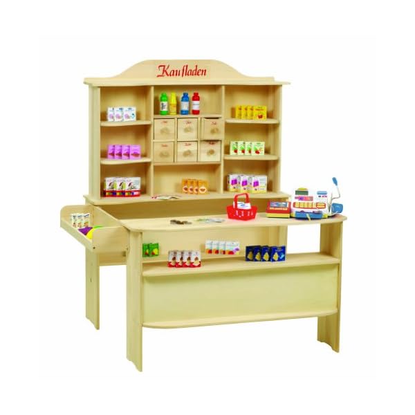 roba Kaufladen, großer Kinder Kaufmannsladen, inkl. Kaufladenzubehör, Holz natur, Verkaufsstand 6 Schubladen, Theke & Seitentheke