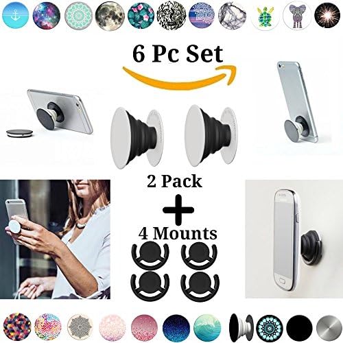 Pop Phone Grip Phone Grip Set (6 Piece) with 2 Piece Tablet Cell POP and 4 Universal Hands Free Mount - White / Black / White